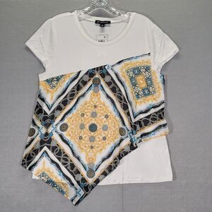 INC Womens Knit Top White Size Medium M Mixed Media Chain Print T-Shirt